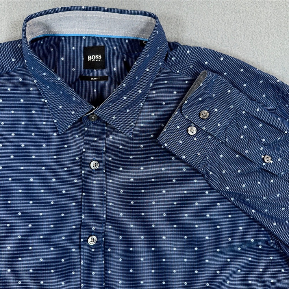 Hugo Boss Slim Fit Mens XL Navy Blue Polka Dot Cotton Button Down Shirt